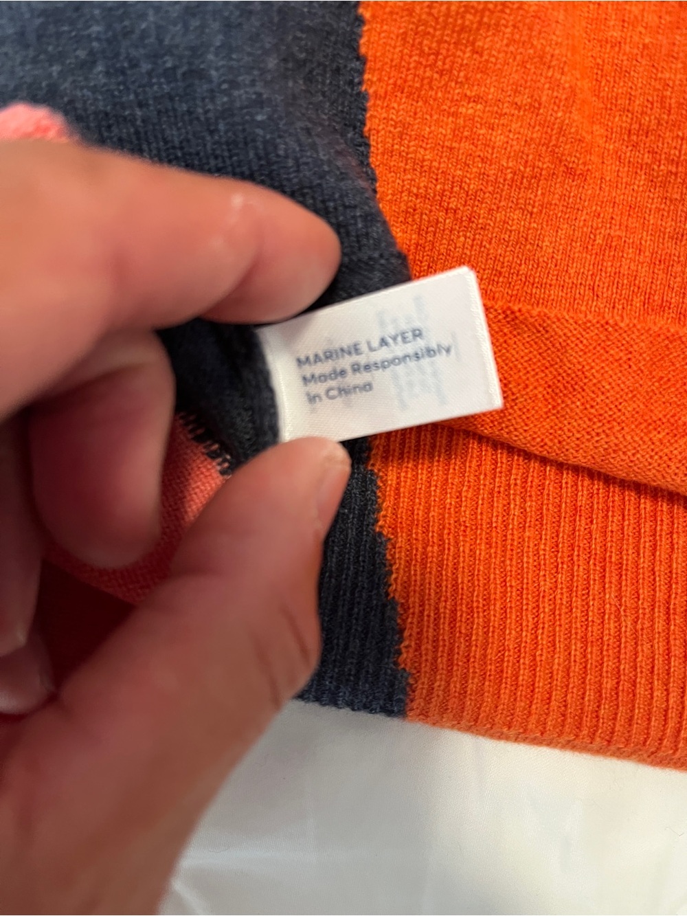 Marine Layer Navy Crewneck Sweater with Yellow, Red, Coral, Orange Sunburst - Picture 5 of 6